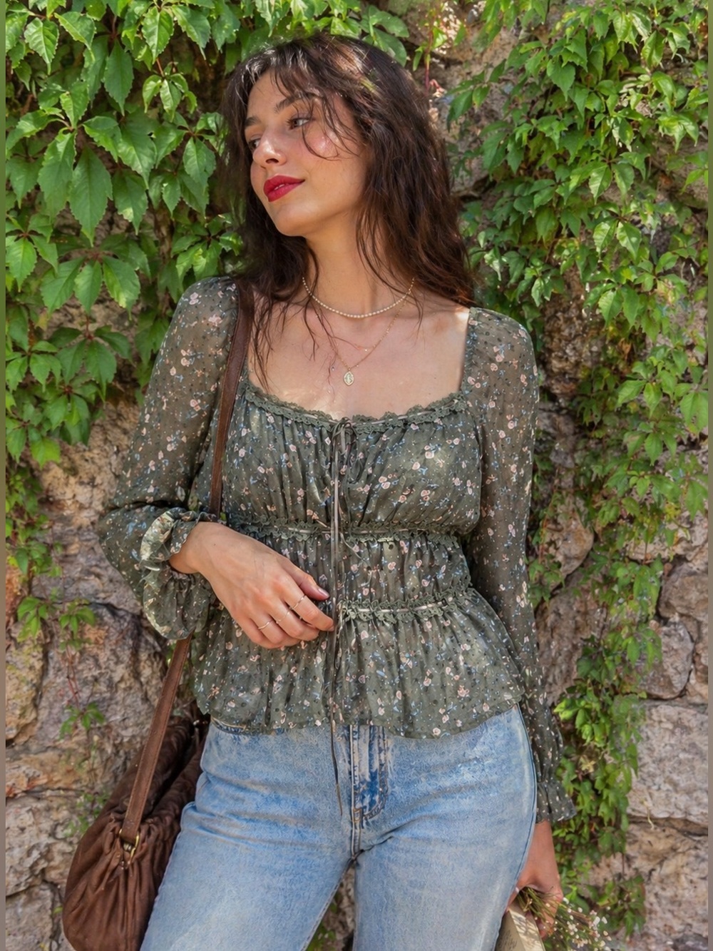 AND NOW THIS Green Floral Chiffon On/Off the Shoulder Blouse, XL